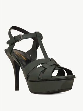 Yves Saint Laurent Dark Green Leather Knot T‑Strap Platform Sandals